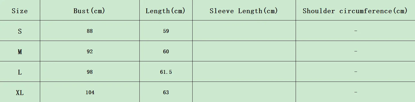 Table with clothing size chart showing bust, length, sleeve length, and shoulder circumference measurements.