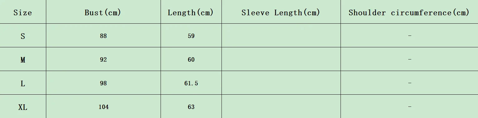 Table with clothing size chart showing bust, length, sleeve length, and shoulder circumference measurements.