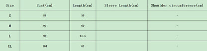 Table with clothing size chart showing bust, length, sleeve length, and shoulder circumference measurements.