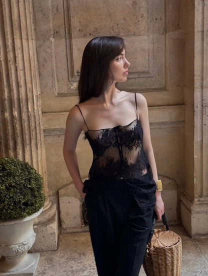 Lady Lace Patchwork Sling Top Sexy Sleeveless Off-shoulder Single Breasted See Through Blouse Women Chic Vacation Party Tops