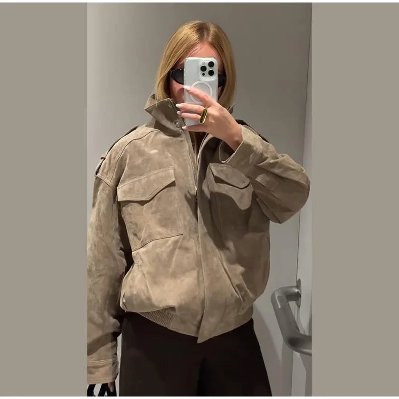 Fashion Suede Solid Coats Women Stand Neck Full Sleeve Zipper Pocket Jackets 2025 Autumn Winter New Female Moto Style Outerwear