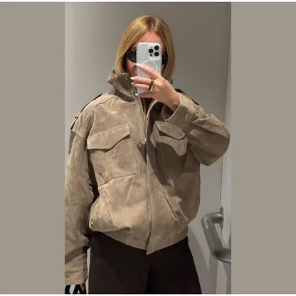 Fashion Suede Solid Coats Women Stand Neck Full Sleeve Zipper Pocket Jackets 2025 Autumn Winter New Female Moto Style Outerwear