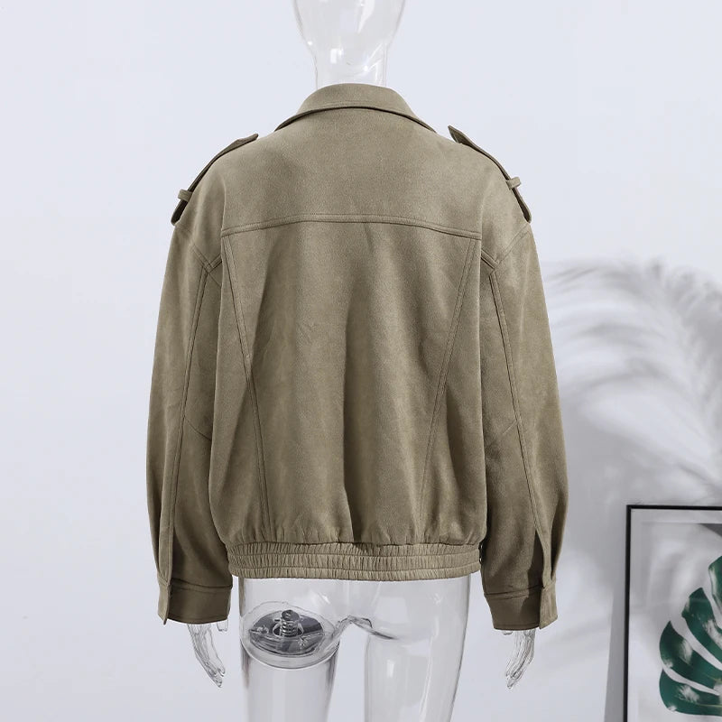 Fashion Suede Solid Coats Women Stand Neck Full Sleeve Zipper Pocket Jackets 2025 Autumn Winter New Female Moto Style Outerwear