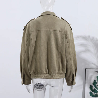 Fashion Suede Solid Coats Women Stand Neck Full Sleeve Zipper Pocket Jackets 2025 Autumn Winter New Female Moto Style Outerwear