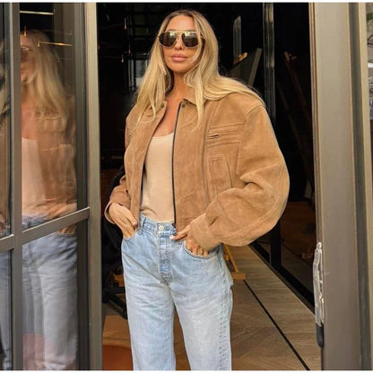 Solid Suede Zipper Short Jacket Women's Retro Full Sleeve Lapel Collar Pocket Elastic Waist Loose Overcoat Lady High Streetwear