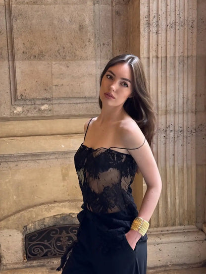 Lady Lace Patchwork Sling Top Sexy Sleeveless Off-shoulder Single Breasted See Through Blouse Women Chic Vacation Party Tops