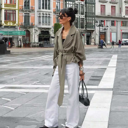 Solid Belted Oversized Windbreaker Women's Fashion Full Sleeve Button Loose Long Coat 2025 Office Lady Daily Commute Overcoats