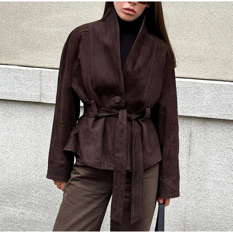 2025 Autumn New Belt Suede Jackets Women Lapel Long Sleeve One Button Lace Up Jacket Vintage Brown Loose Lady Outerwears Street