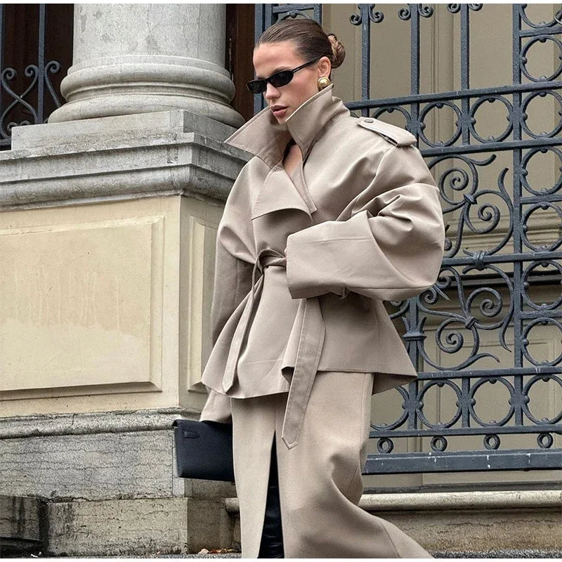 Solid Lapel Lace Up Jacket Elegant Chic Full Sleeve Button Loose Long Coat For Women 2025 New Office Lady Daily Commute Overcoat