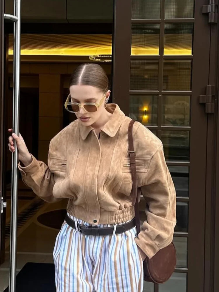 Solid Suede Zipper Short Jacket Women's Retro Full Sleeve Lapel Collar Pocket Elastic Waist Loose Overcoat Lady High Streetwear