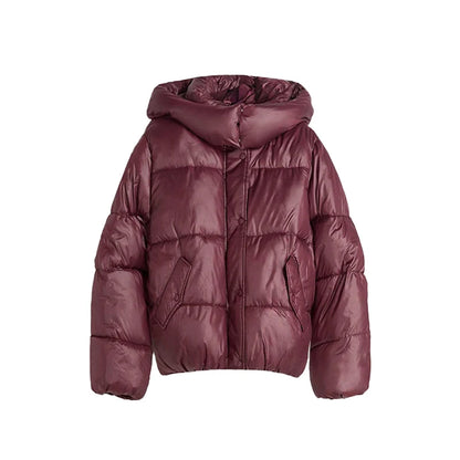 Maroon puffer jacket on a white background