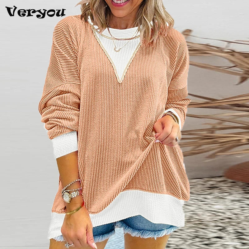 Autumn Winter O Neck Long Sleeve Sweatshirt Women Casual Patchwork Color Pullover Shirt Women Fashion BLouses