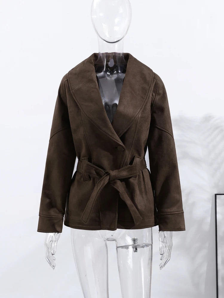 2025 Autumn New Belt Suede Jackets Women Lapel Long Sleeve One Button Lace Up Jacket Vintage Brown Loose Lady Outerwears Street