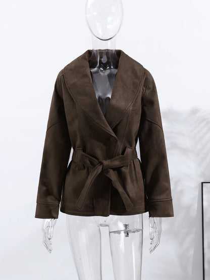 2025 Autumn New Belt Suede Jackets Women Lapel Long Sleeve One Button Lace Up Jacket Vintage Brown Loose Lady Outerwears Street