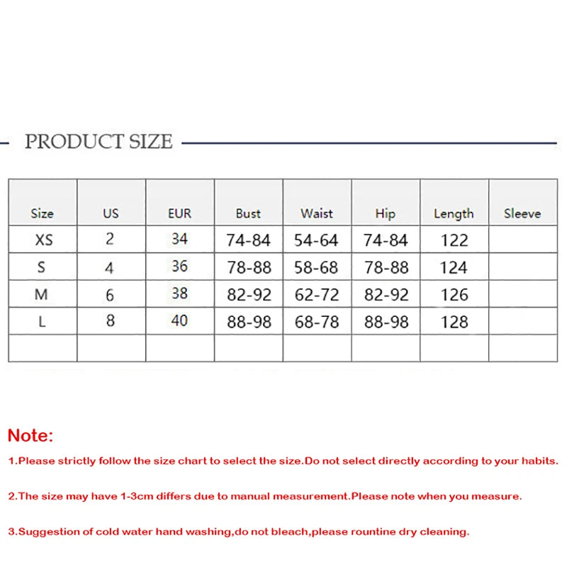 Product size chart with measurements in US, EUR, Bust, Waist, Hip, Length, and Sleeve.