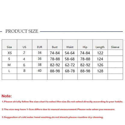 Product size chart with measurements in US, EUR, Bust, Waist, Hip, Length, and Sleeve.