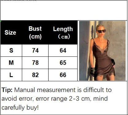 Measurement chart for a dress with size chart and model wearing the dress.