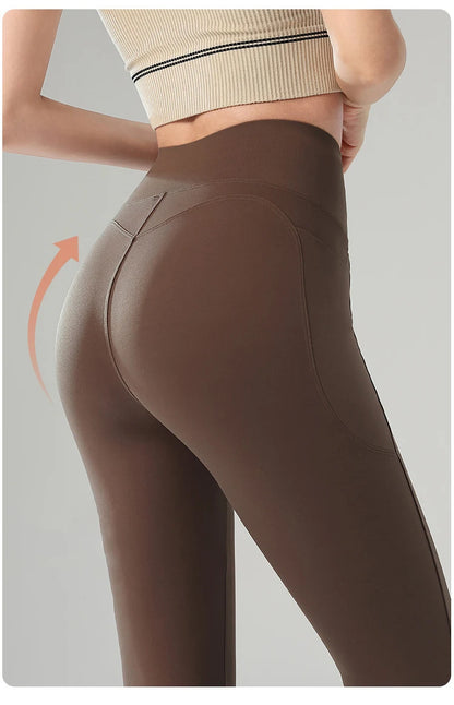 BIVIGAOS Autumn Winter Fleece Pocket Sharkskin Leggings Women High Waist Tight-Fit Velvet Thickened Warm Sports Running Leggings