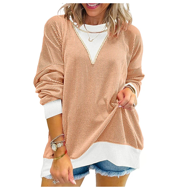Autumn Winter O Neck Long Sleeve Sweatshirt Women Casual Patchwork Color Pullover Shirt Women Fashion BLouses