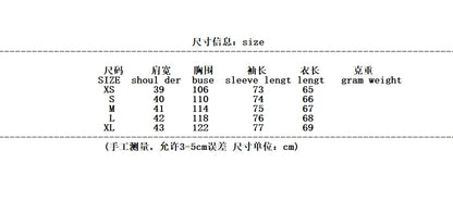 Size chart for clothing with measurements in centimeters