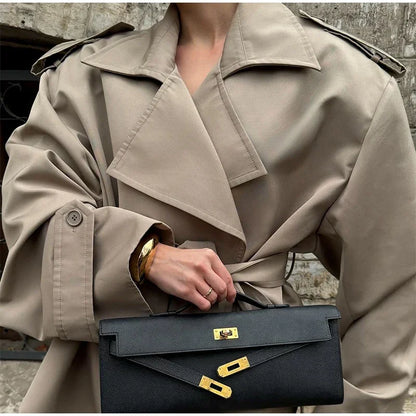 Solid Lapel Lace Up Jacket Elegant Chic Full Sleeve Button Loose Long Coat For Women 2025 New Office Lady Daily Commute Overcoat