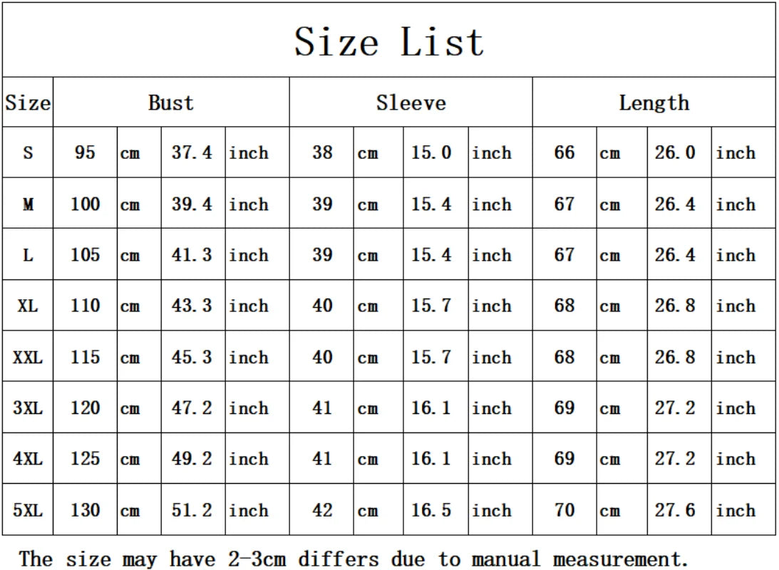 Size chart for clothing with measurements in centimeters and inches.