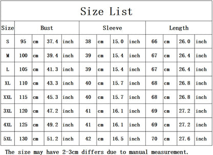 Size chart for clothing with measurements in centimeters and inches.