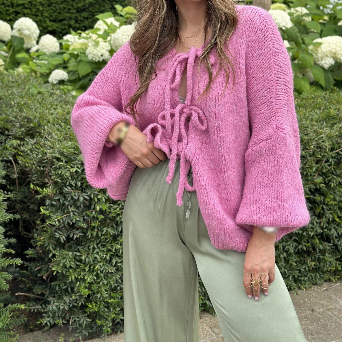 Knitwear Lace-Up Hollow Out Cardigan Top Women's Patchwork Fashion Autumn High Street Clothes Knit Y2k Bandage Cardigan