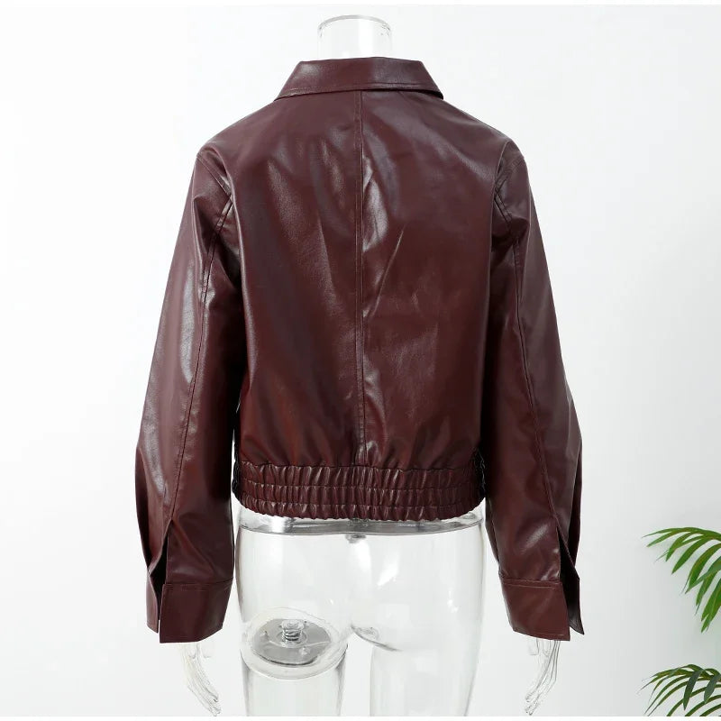 Casual Dark Red  Zipper Leather Short Jackets Women Long Sleeve Lace Up Lapel Loose Button Coat Lady Daily High Street Wear 2025