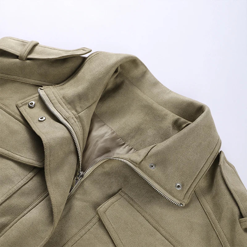 Fashion Suede Solid Coats Women Stand Neck Full Sleeve Zipper Pocket Jackets 2025 Autumn Winter New Female Moto Style Outerwear