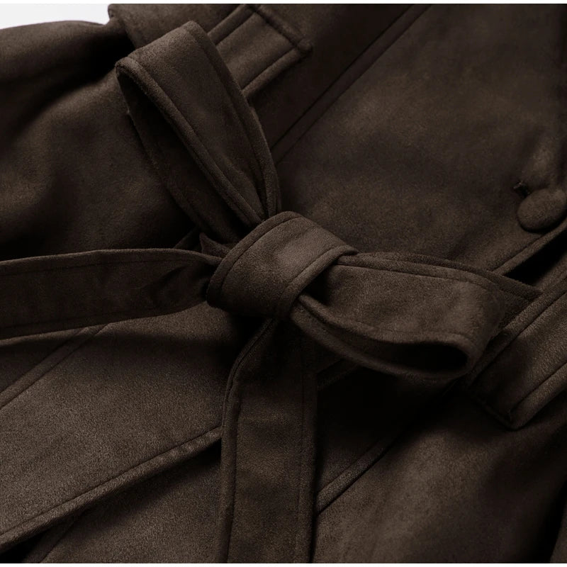 2025 Autumn New Belt Suede Jackets Women Lapel Long Sleeve One Button Lace Up Jacket Vintage Brown Loose Lady Outerwears Street