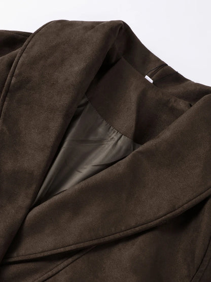 2025 Autumn New Belt Suede Jackets Women Lapel Long Sleeve One Button Lace Up Jacket Vintage Brown Loose Lady Outerwears Street