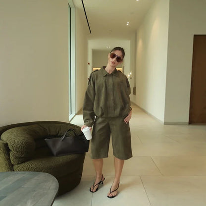 Solid Suede Zipper Short Jacket Women's Retro Full Sleeve Lapel Collar Pocket Elastic Waist Loose Overcoat Lady High Streetwear