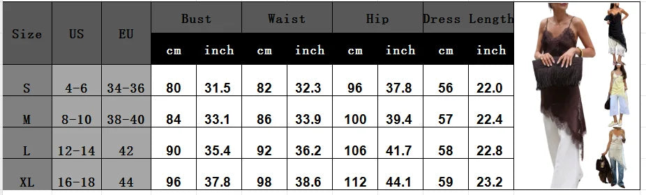 Size chart for a dress with measurements in centimeters and inches, accompanied by a model wearing the dress.