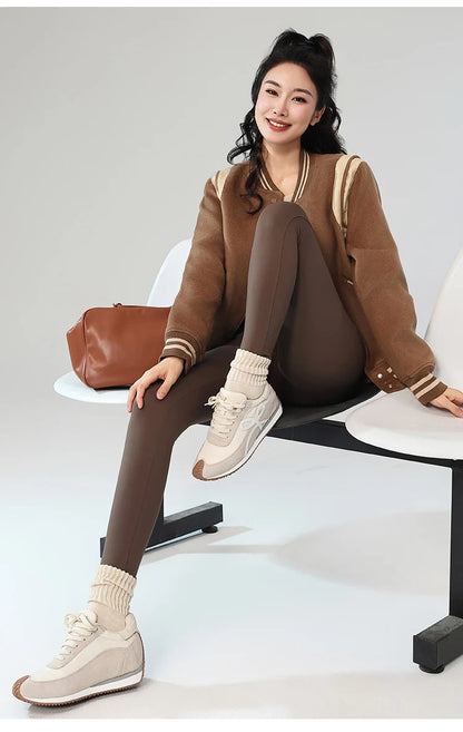 BIVIGAOS Autumn Winter Fleece Pocket Sharkskin Leggings Women High Waist Tight-Fit Velvet Thickened Warm Sports Running Leggings