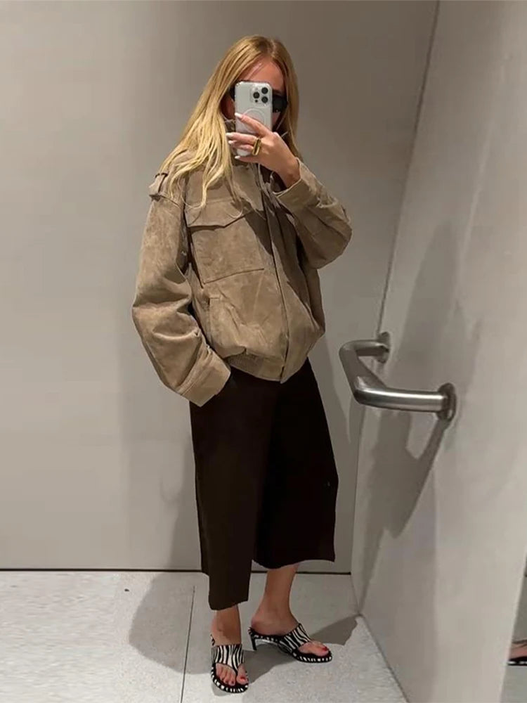 Fashion Suede Solid Coats Women Stand Neck Full Sleeve Zipper Pocket Jackets 2025 Autumn Winter New Female Moto Style Outerwear
