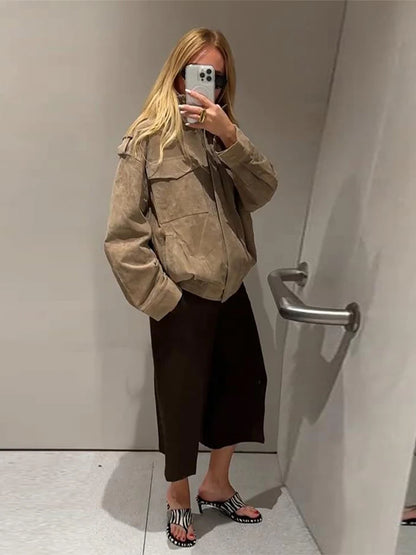 Fashion Suede Solid Coats Women Stand Neck Full Sleeve Zipper Pocket Jackets 2025 Autumn Winter New Female Moto Style Outerwear