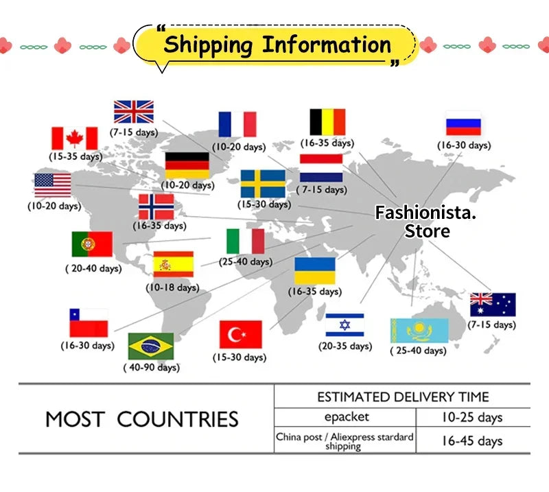 World map with flags and estimated delivery times for various countries, labeled 'Fashionista Store'.