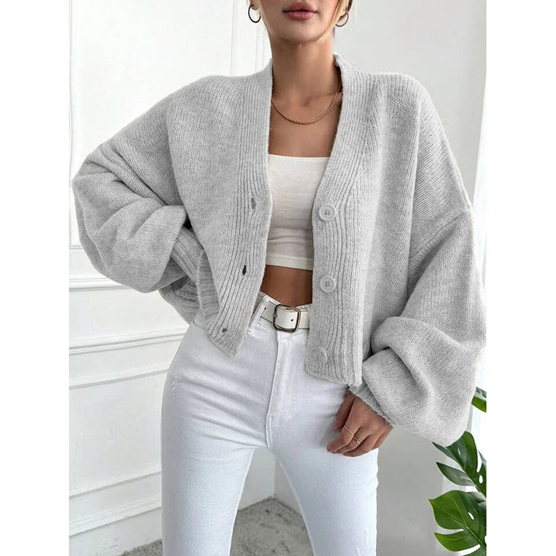 Knitted Cardigan Women's 2025 Autumn And Winter New Item Casual Loose V-neck Lantern Sleeves Knitted Sweater Women