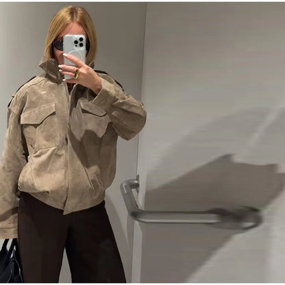 Fashion Suede Solid Coats Women Stand Neck Full Sleeve Zipper Pocket Jackets 2025 Autumn Winter New Female Moto Style Outerwear