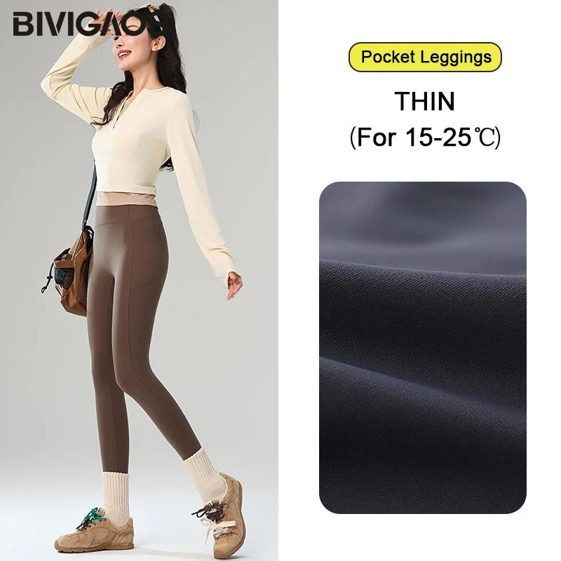 BIVIGAOS Autumn Winter Fleece Pocket Sharkskin Leggings Women High Waist Tight-Fit Velvet Thickened Warm Sports Running Leggings