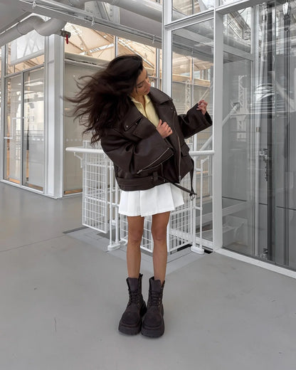 Casual Dark Red  Zipper Leather Short Jackets Women Long Sleeve Lace Up Lapel Loose Button Coat Lady Daily High Street Wear 2025