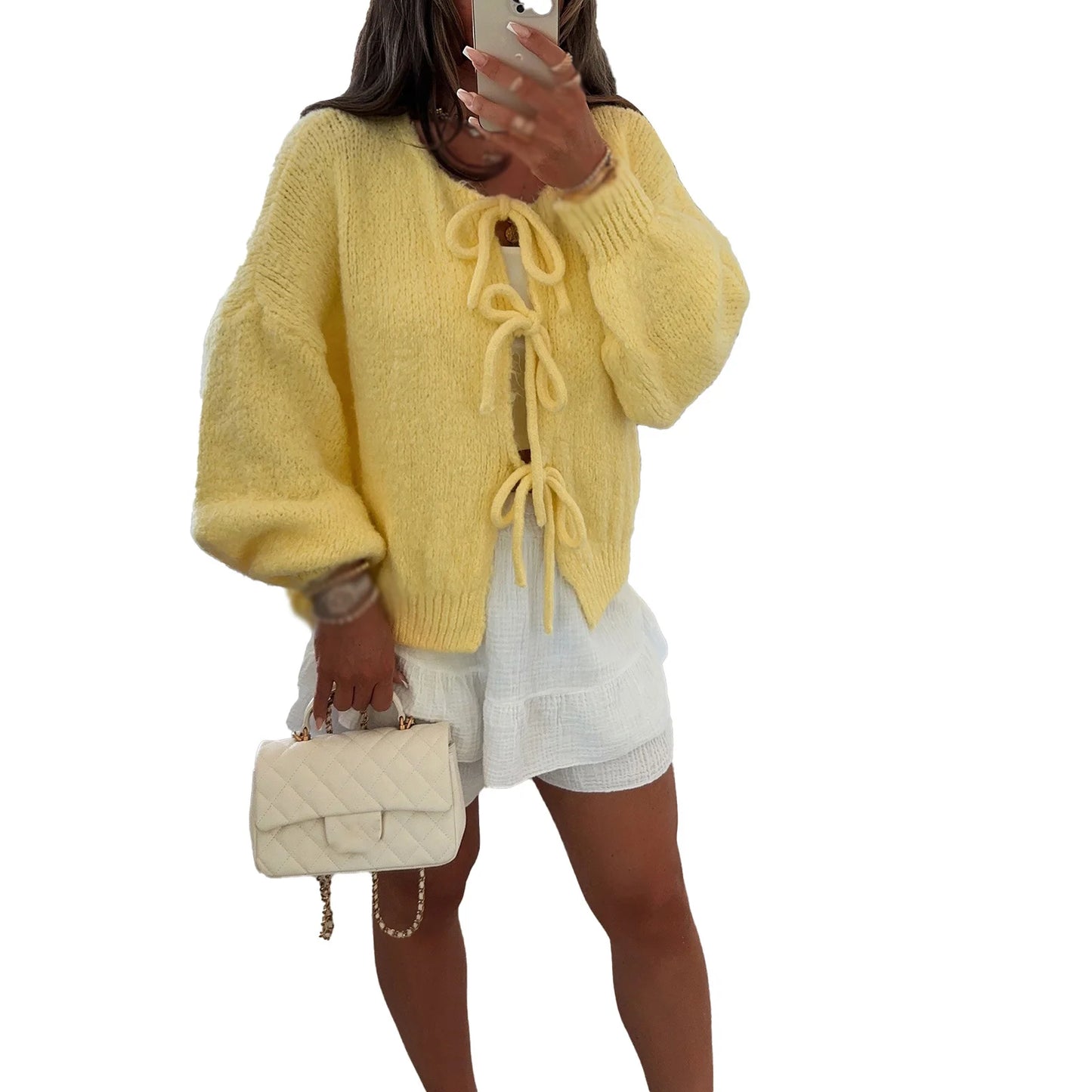 Knitwear Lace-Up Hollow Out Cardigan Top Women's Patchwork Fashion Autumn High Street Clothes Knit Y2k Bandage Cardigan