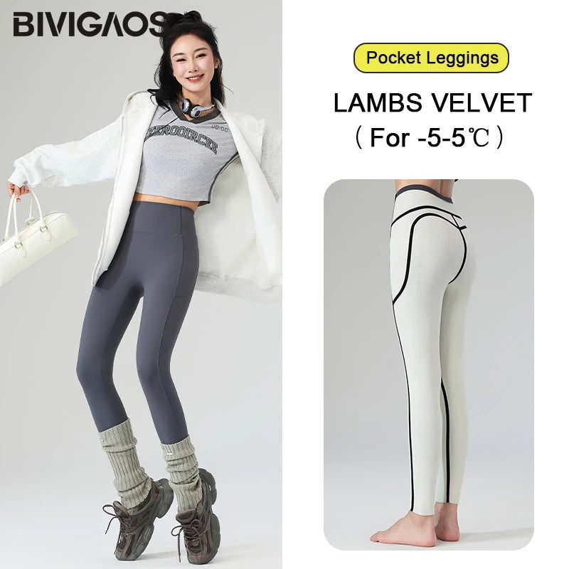 BIVIGAOS Autumn Winter Fleece Pocket Sharkskin Leggings Women High Waist Tight-Fit Velvet Thickened Warm Sports Running Leggings