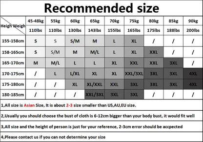 Size chart for clothing with height and weight ranges