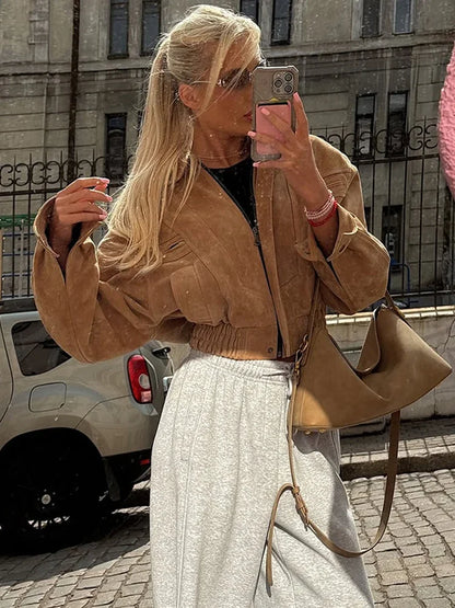 Solid Suede Zipper Short Jacket Women's Retro Full Sleeve Lapel Collar Pocket Elastic Waist Loose Overcoat Lady High Streetwear