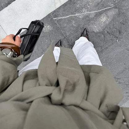 Solid Belted Oversized Windbreaker Women's Fashion Full Sleeve Button Loose Long Coat 2025 Office Lady Daily Commute Overcoats