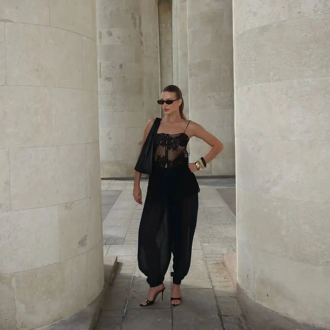 Lady Lace Patchwork Sling Top Sexy Sleeveless Off-shoulder Single Breasted See Through Blouse Women Chic Vacation Party Tops