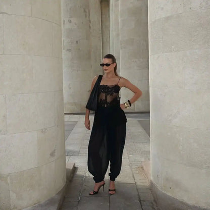 Lady Lace Patchwork Sling Top Sexy Sleeveless Off-shoulder Single Breasted See Through Blouse Women Chic Vacation Party Tops