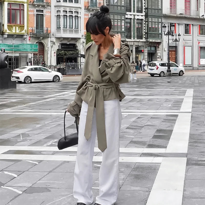 Solid Belted Oversized Windbreaker Women's Fashion Full Sleeve Button Loose Long Coat 2025 Office Lady Daily Commute Overcoats